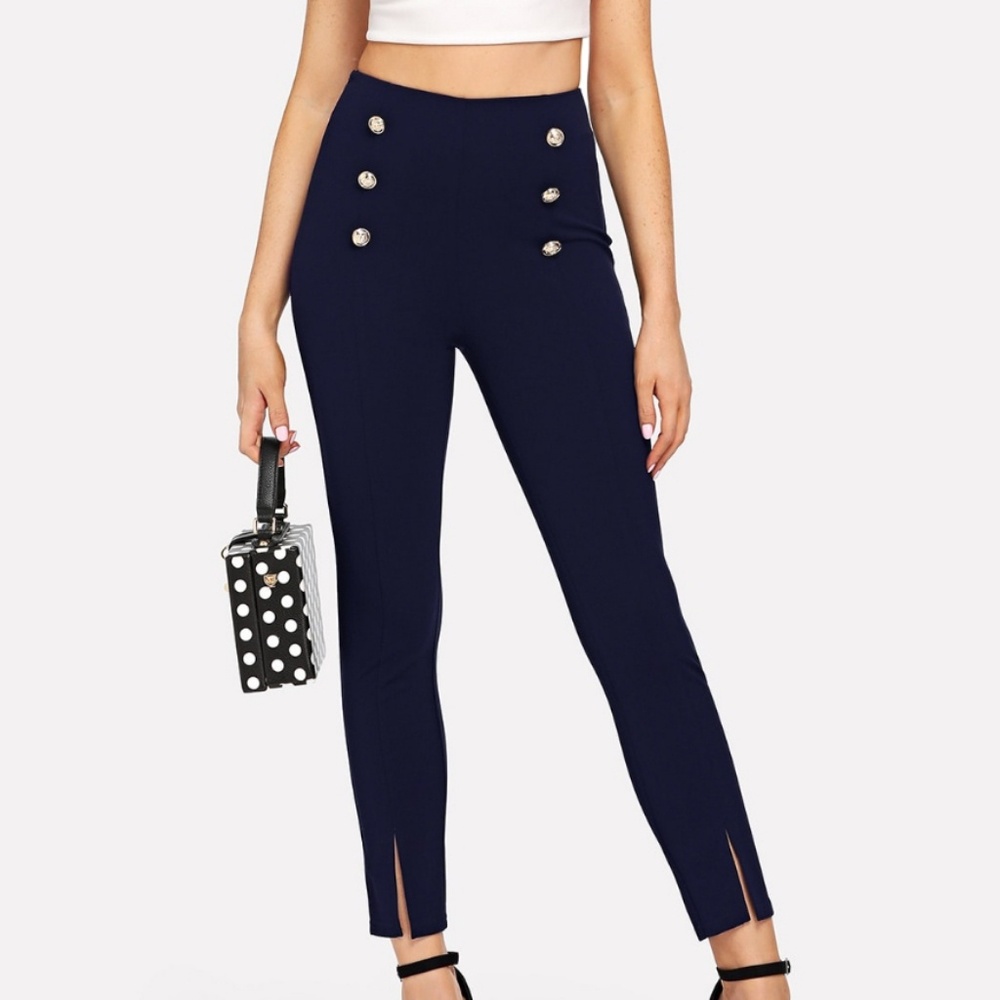Navy Blue Slit Hem Skinny Pants